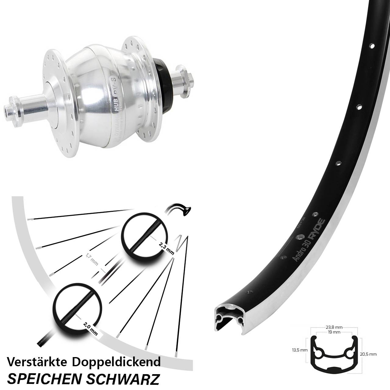 Nabendynamolaufrad 28 Zoll Ryde Andra 30 Shutter Precision PV-8 für Schnellspanner