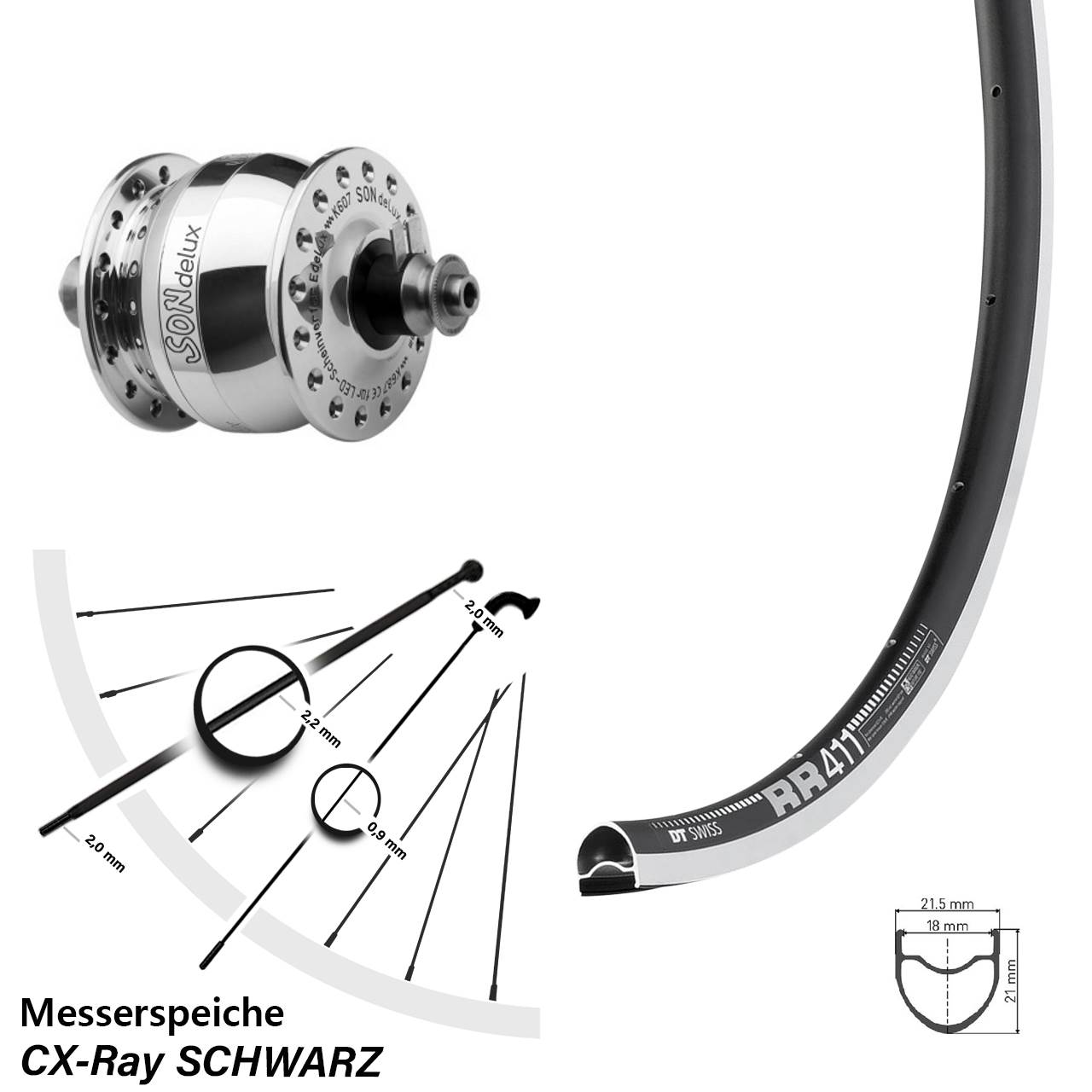 Nabendynamolaufrad 28 Zoll DT Swiss RR411 SON delux für Schnellspanner CX-Ray