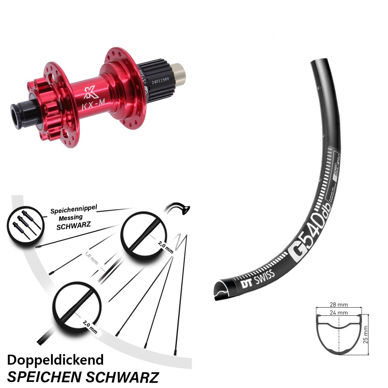 28 Zoll Hinterrad DT Swiss G 540 KX-M rot Micro Spline 12x142