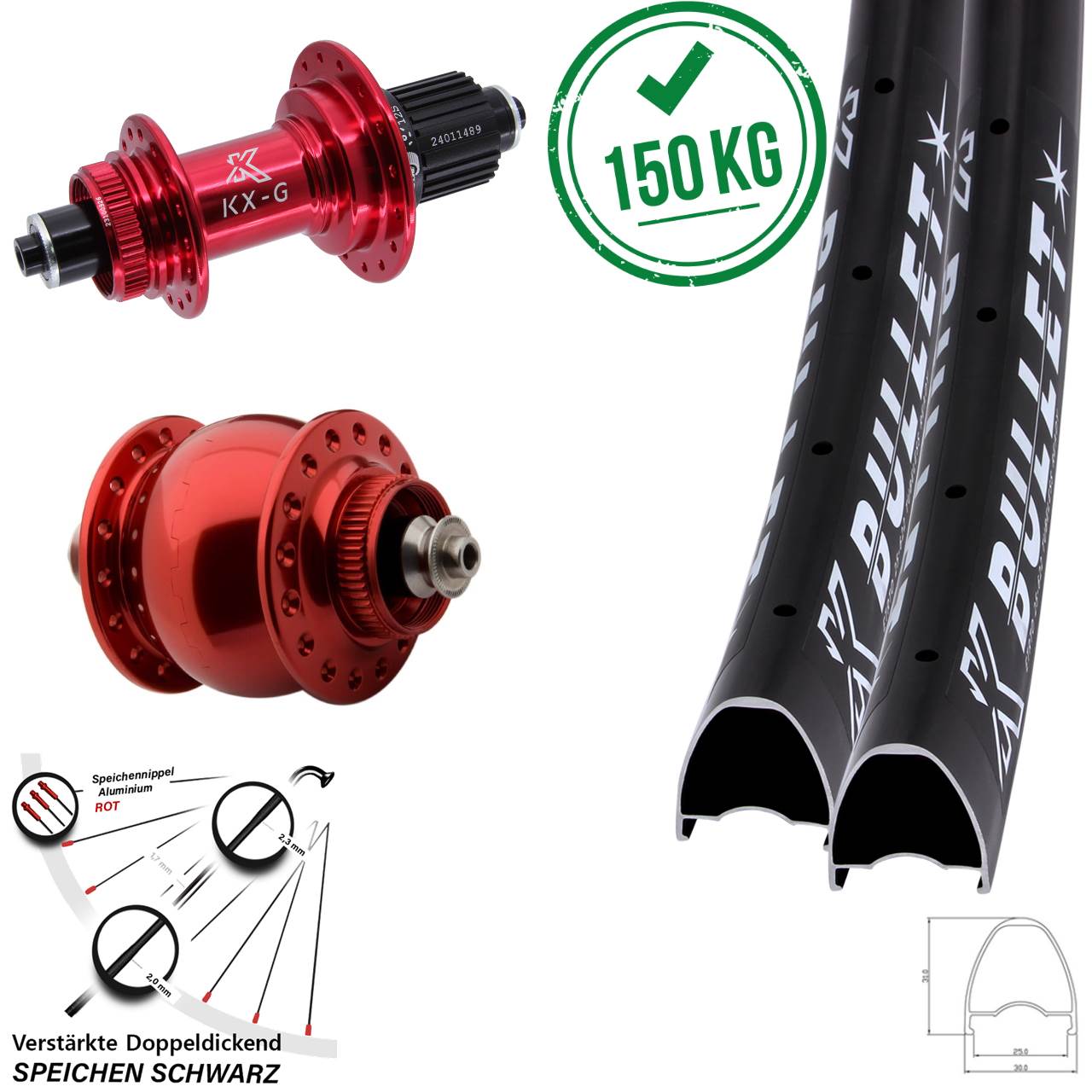 29 Zoll KX-G Bullet SON 28 rot Centerlock Laufradsatz QR Shimano Micro Spline
