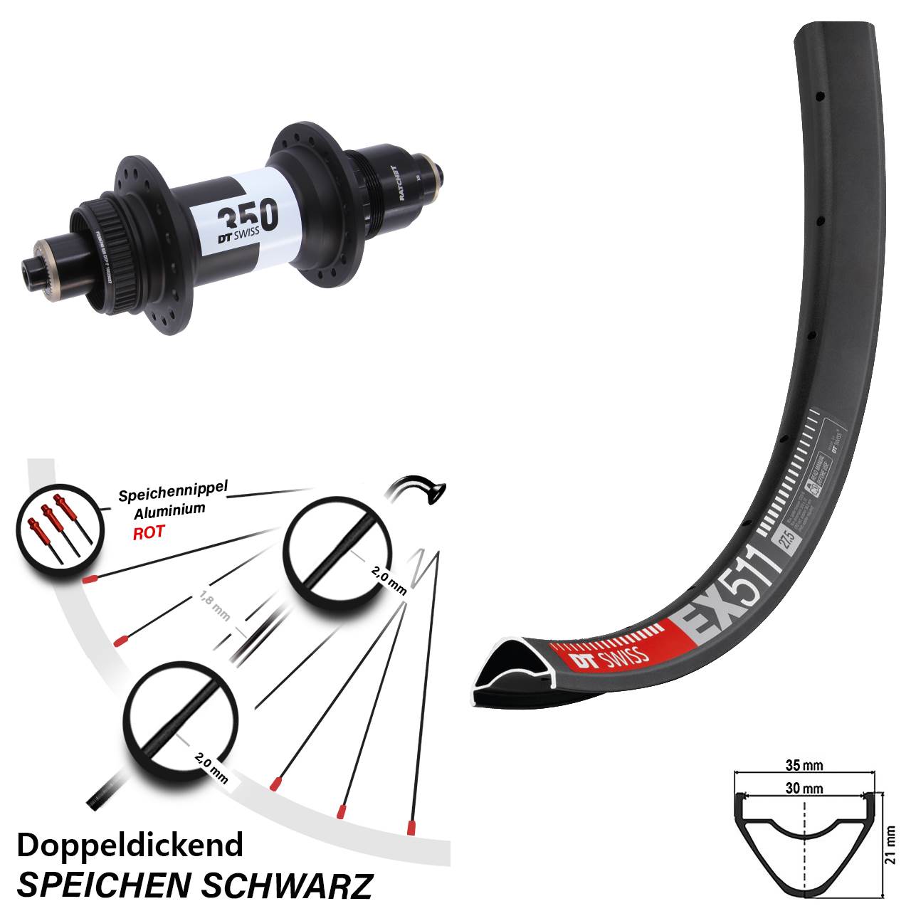 DT Swiss EX 511-350 29 Zoll Hinterrad Centerlock XD QR