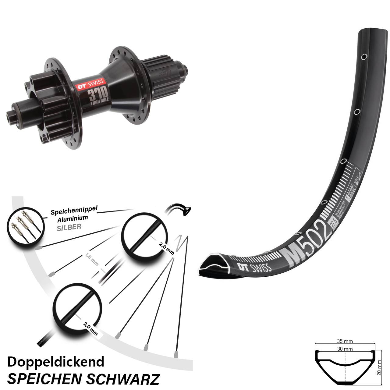 Hinterrad 6-Loch für Schnellspanner 29 Zoll DT Swiss M502-370 Hybrid Micro Spline