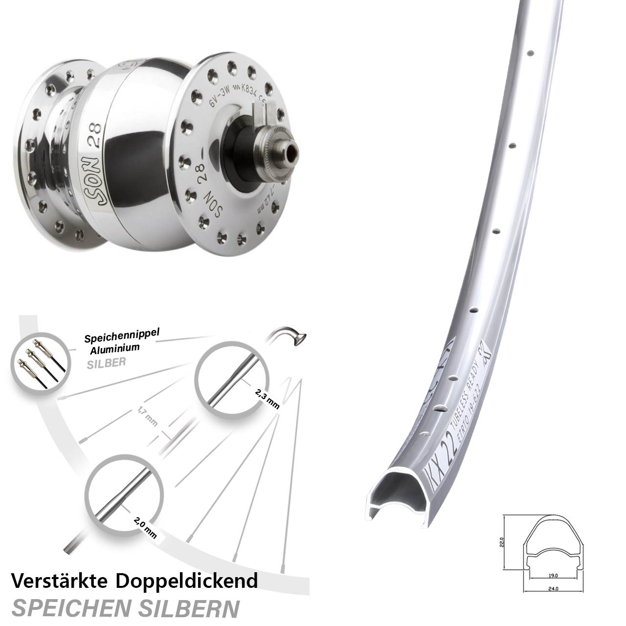 Nabendynamovorderrad QR SON 28 Zoll poliert KX 22 silbern