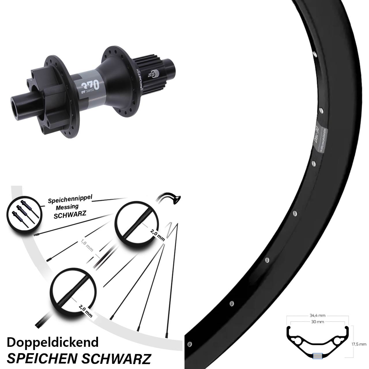 Disc Hinterrad 27,5 Zoll Ryde Disc 30 DT Swiss 370 Micro Spline 12x142