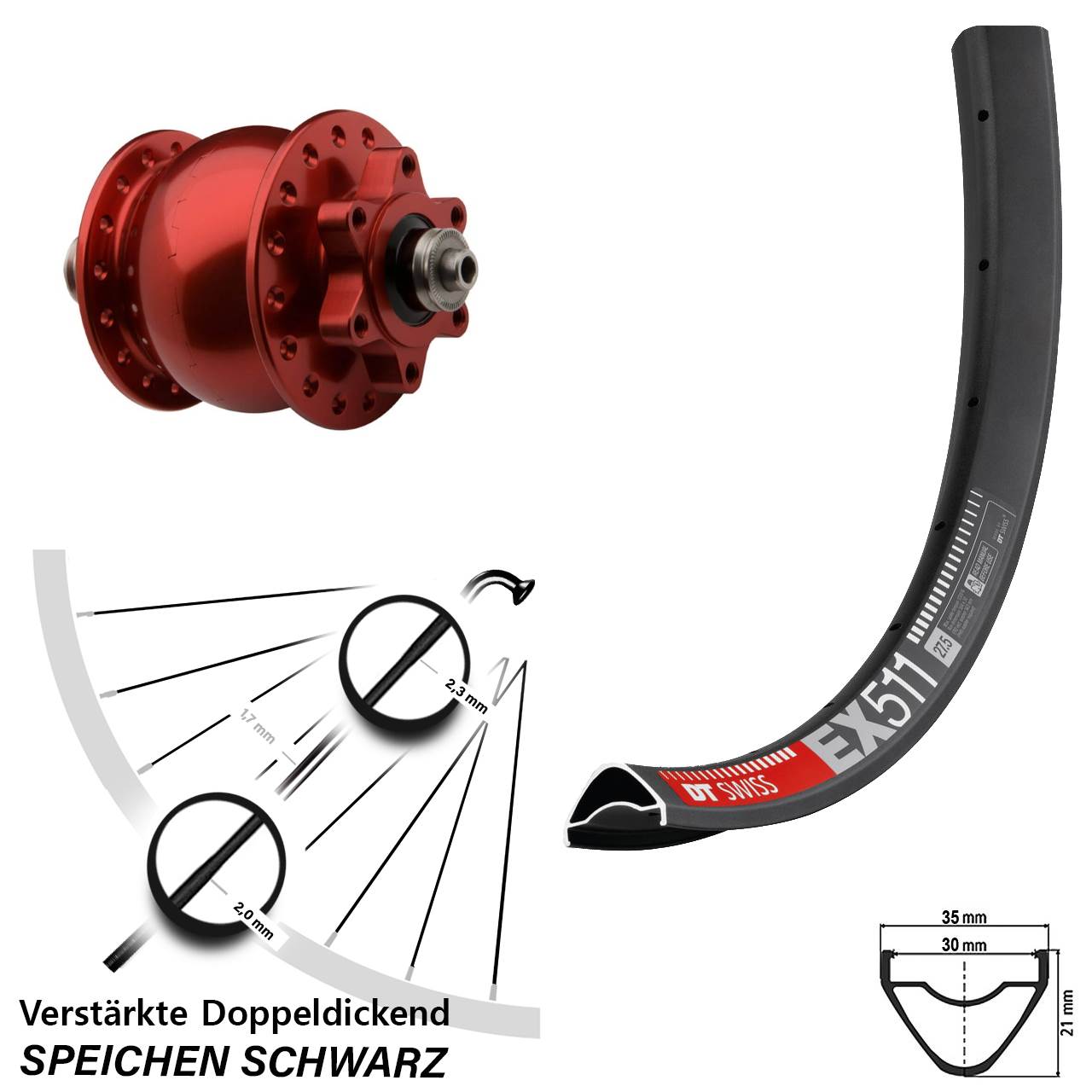 Disc Vorderrad mit Nabendynamo 29 Zoll DT Swiss EX511 SON 28 rot für Schnellspanner