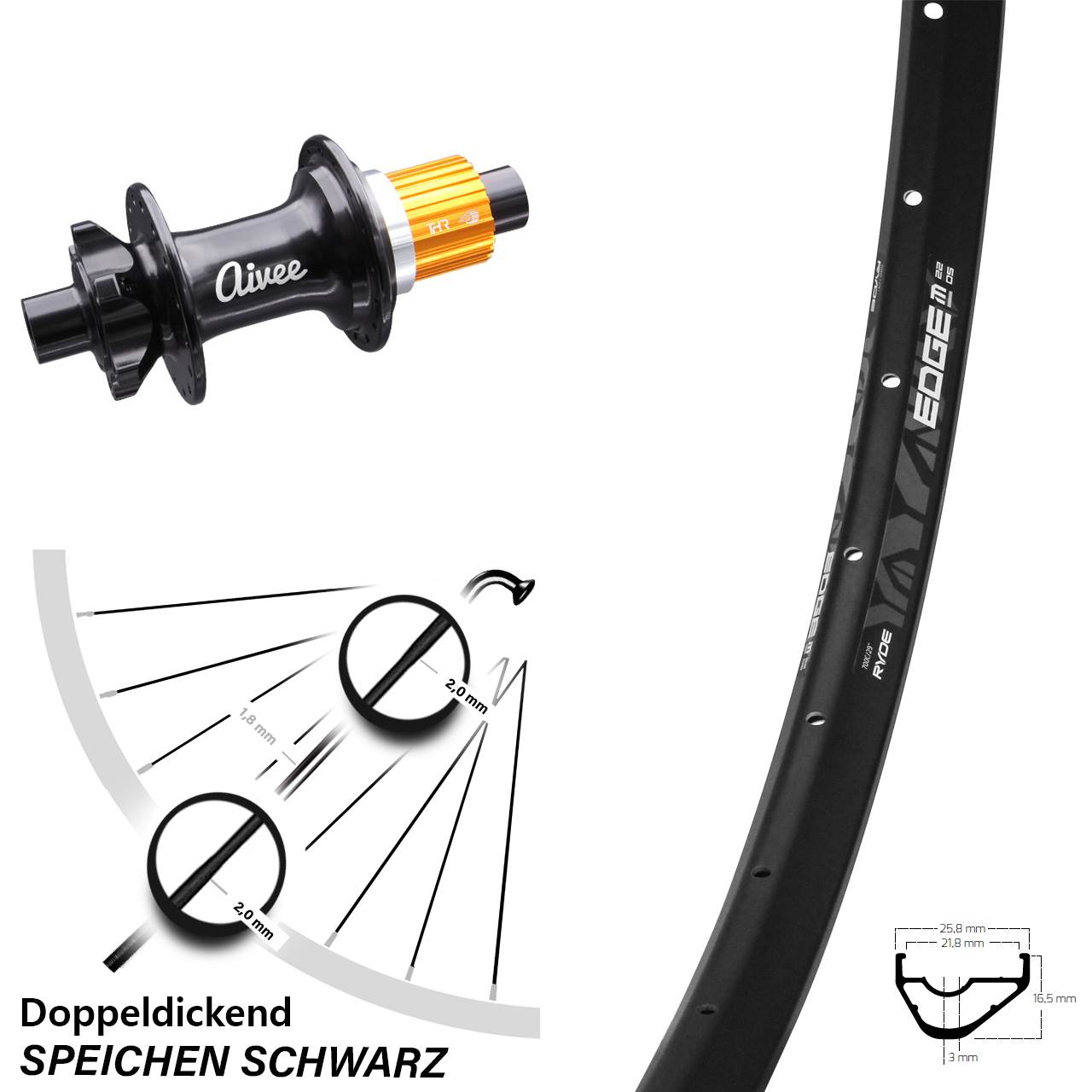29 Zoll Ryde Edge M22 OS Hinterrad Aivee Classic Boost Shimano Micro Spline