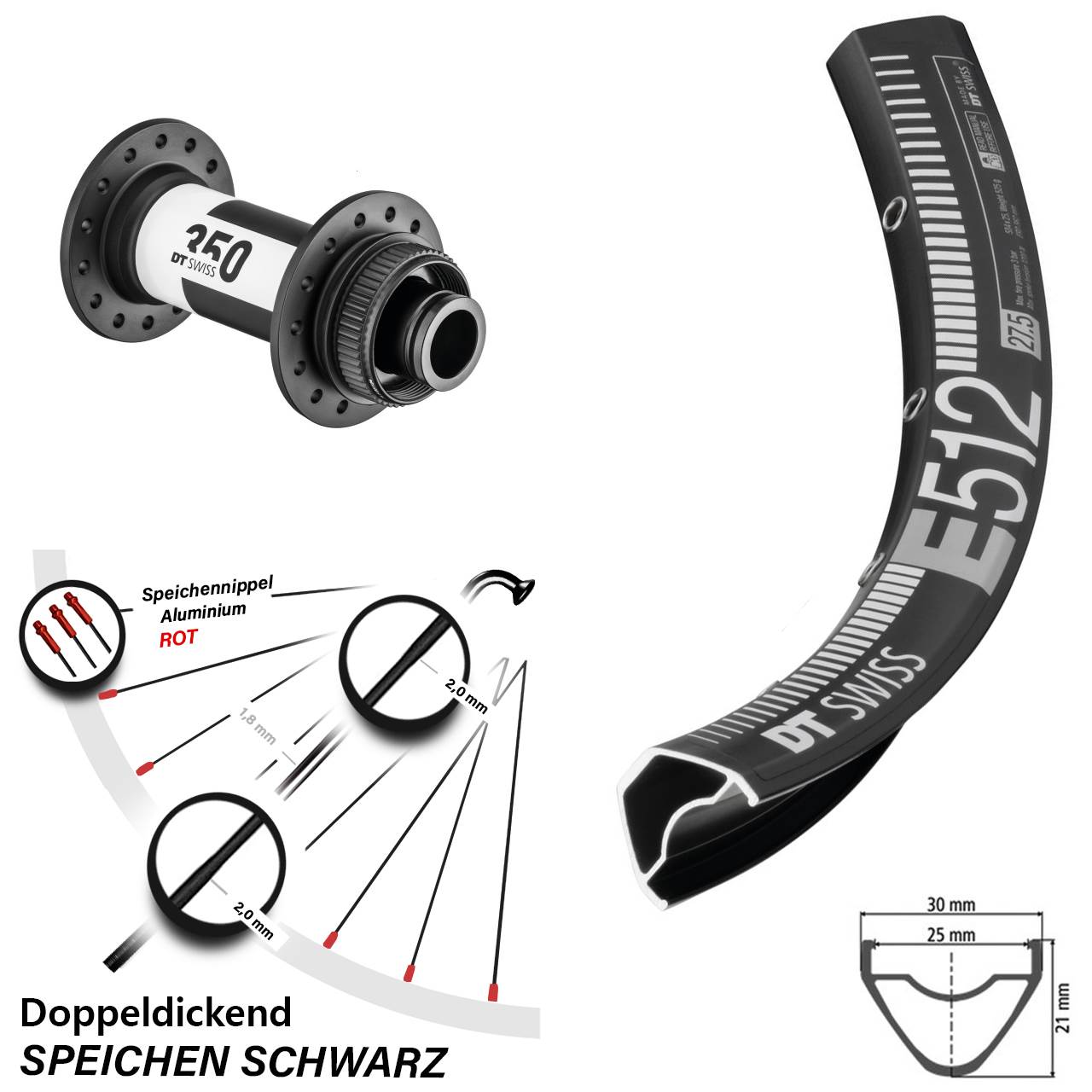 27,5 Zoll Vorderrad MTB Enduro E 512 DT Swiss 350 Centerlock Boost 15x110 mm Steckachse