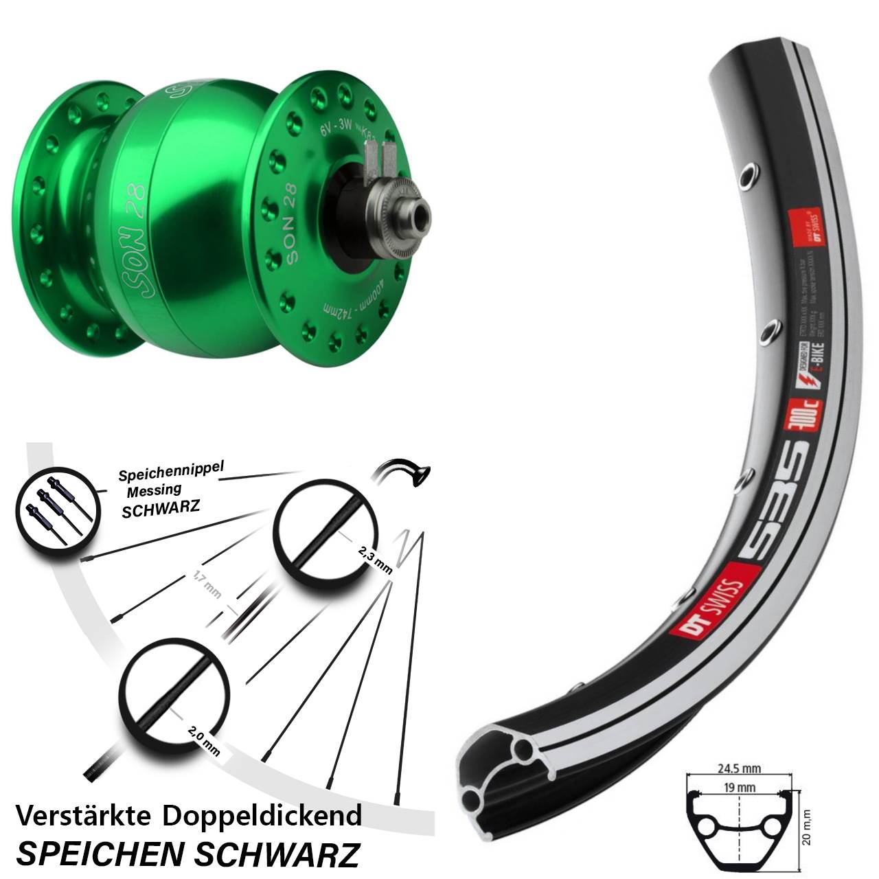 26 Zoll DT Swiss 535 SON 28 grün Nabendynamovorderrad QR