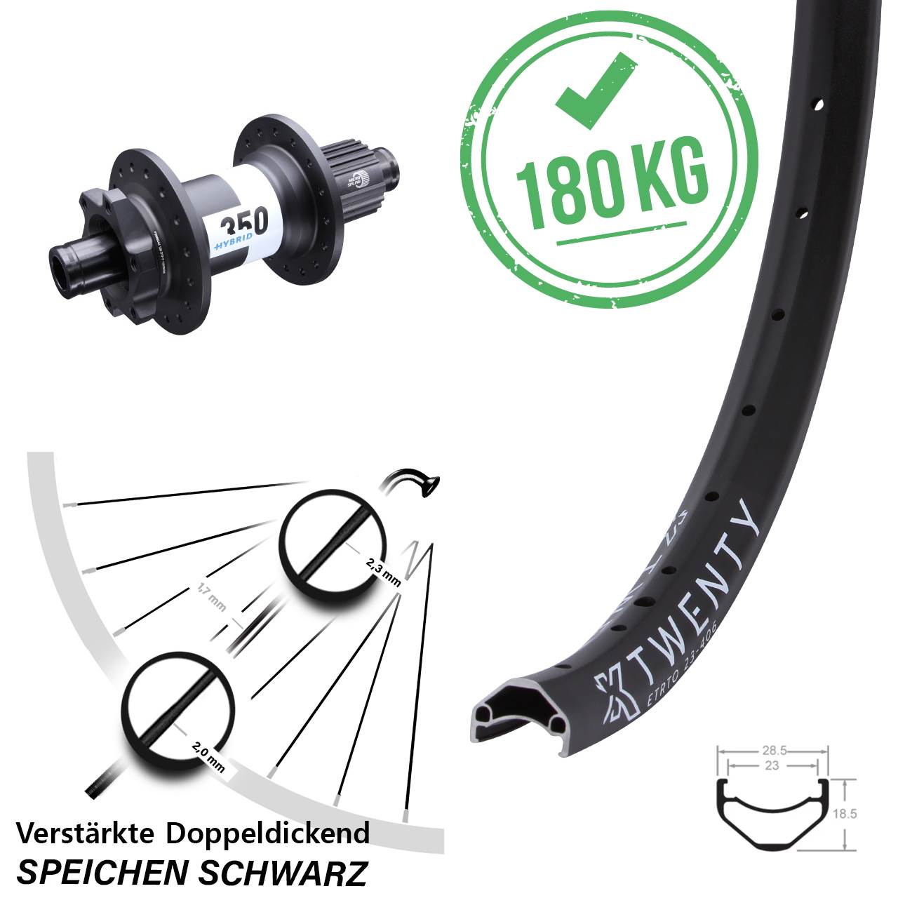 6-Loch Hinterrad 20 Zoll KX Twenty DT Swiss 350 Hybrid Shimano Micro Spline 12x148