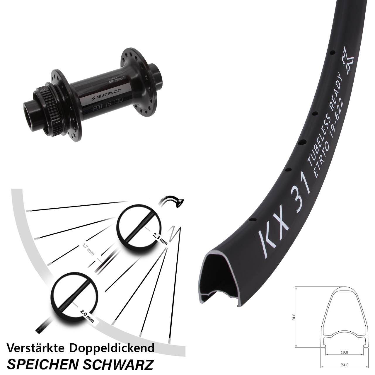 Centerlock Vorderrad 28 Zoll KX 31 DT Swiss 370 12x100