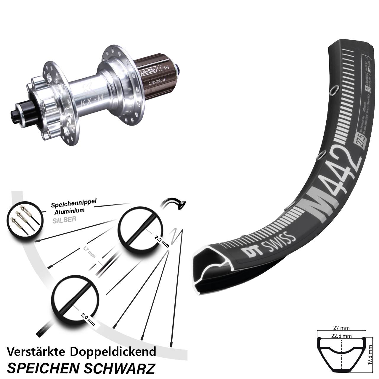 28-29 Zoll DT Swiss M442 KX-M 6-Loch Hinterrad QR 8-12 fach HG