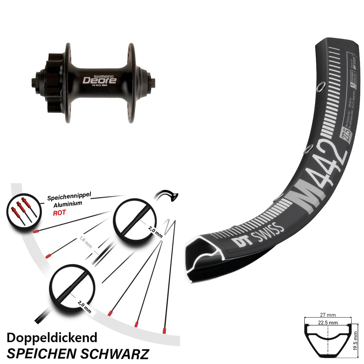 Disc Vorderrad QR 29 Zoll DT Swiss M 442 Shimano Deore HB-M525