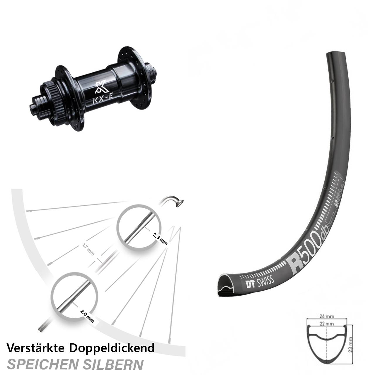 Road Disc DT Swiss R 500 Vorderrad 28 Zoll verstärkt mit KX-E Nabe 5x100 mm Centerlock