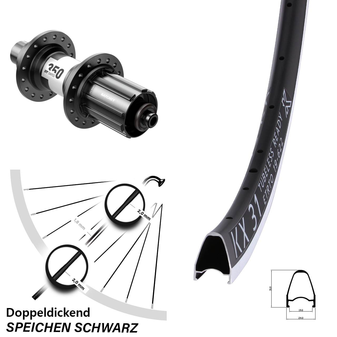 28 Zoll KX 31 DT Swiss 350 Hinterrad QR 11-12 fach