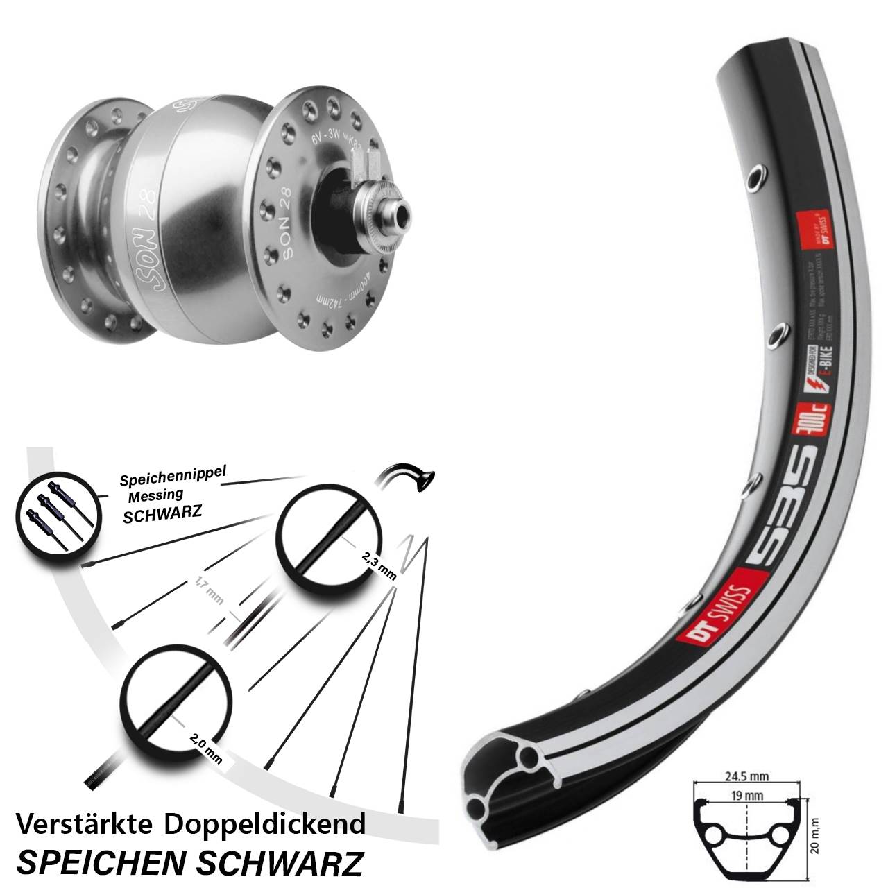 SON 28 Zoll DT Swiss 535 Vorderrad mit Nabendynamo QR