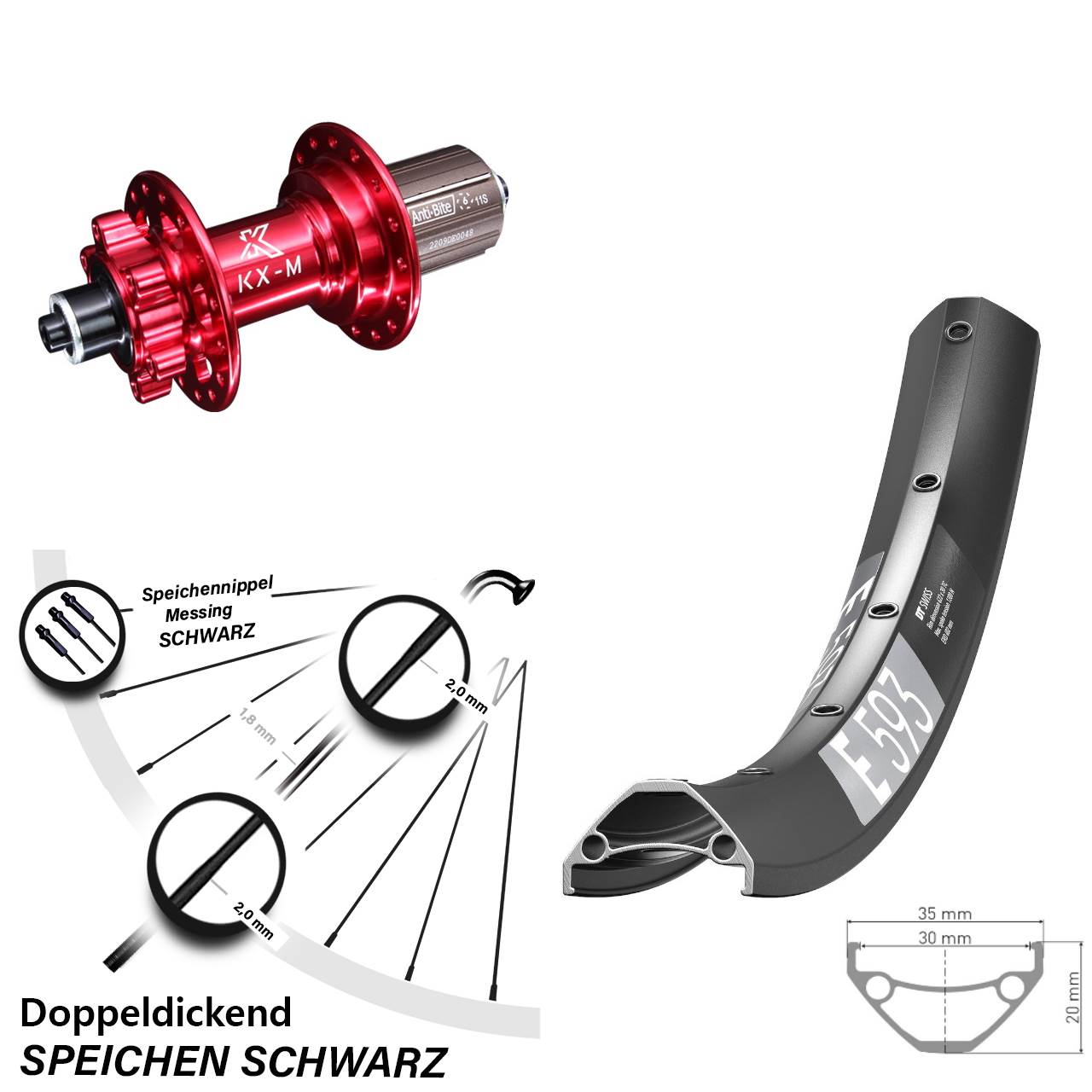 27,5 Zoll DT Swiss E593 KX-M rot Disc Hinterrad für Schnellspanner 8-12 fach
