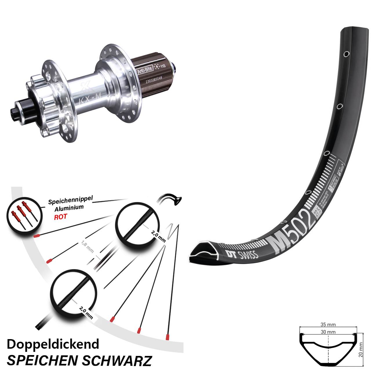 Laufrad 27,5 Zoll DT Swiss M 502 Disc KX-M 6-Loch 5/135 8-12 fach HG