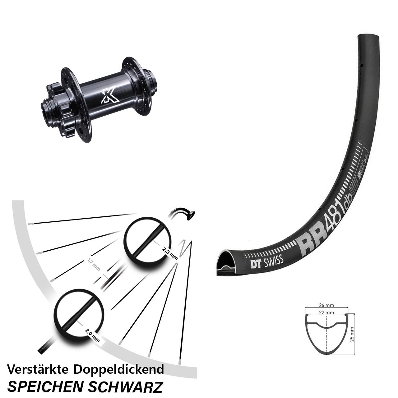 Vorderrad 6-Loch 15x100 28 Zoll DT Swiss RR481 KX-M