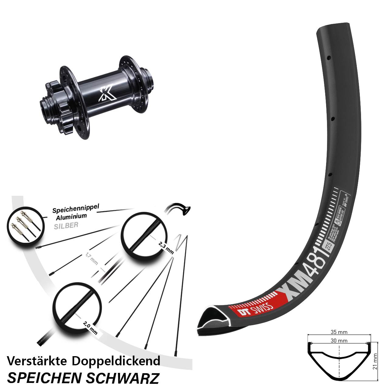 Vorderrad 6-Loch 27,5 Zoll DT Swiss XM481 KX-M 15x100