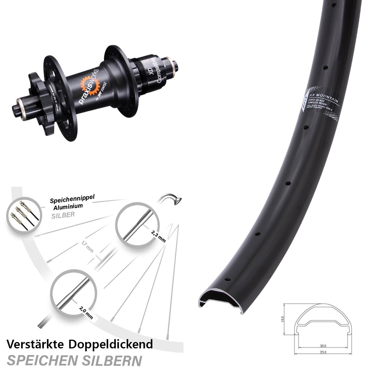 29 Zoll KX Mountain TR DT Swiss 350 6-Loch Hinterrad für Schnellspanner XD