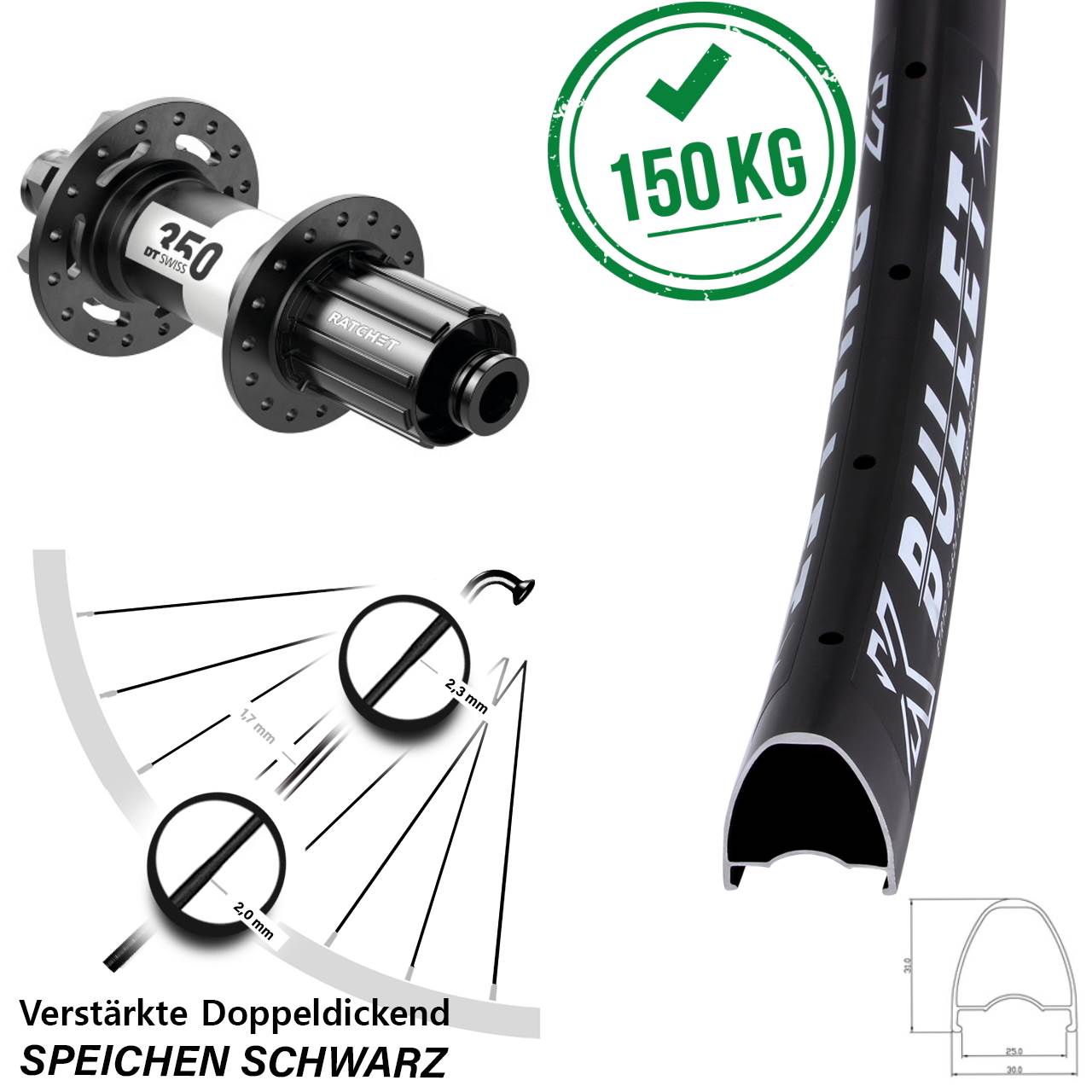6-Loch Hinterrad 29 Zoll KX Bullet DT Swiss 350 8-11 fach HG 12x142