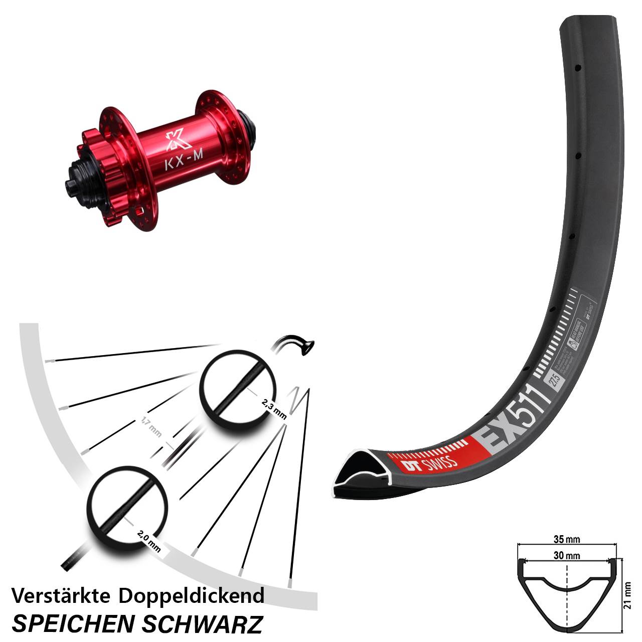 27,5 Zoll DT Swiss EX 511 KX-M rot 6-Loch Vorderrad für Schnellspanner
