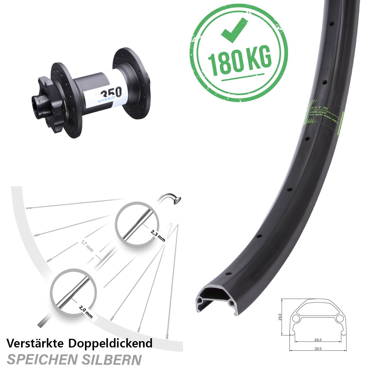 20 Zoll KX Evo DT Swiss 350 Hybrid Vorderrad 15x110 Boost 6-Loch verstärkt