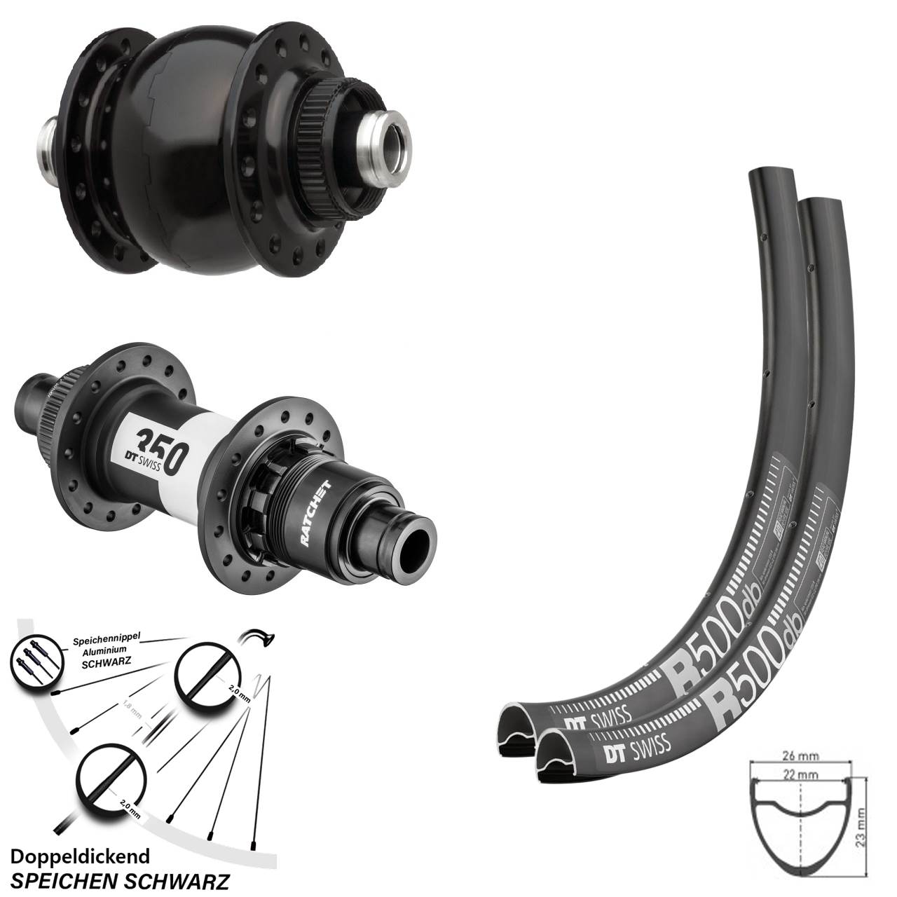 Dynamo Road Disc Laufradsatz R 500 DT Swiss 350 Sram XDR Steckachse SON delux Centerlock