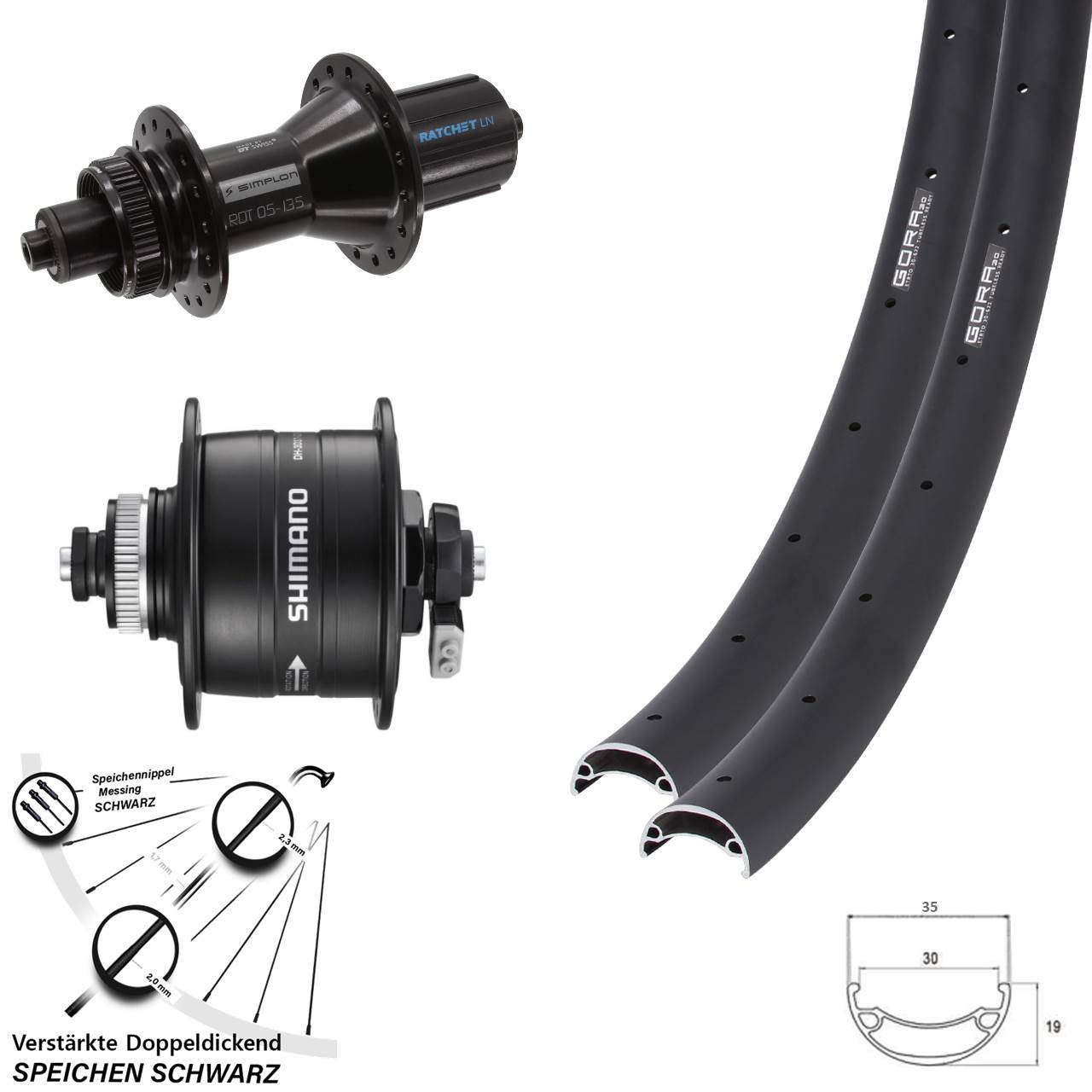 Gora 30 DT Swiss 370 Hybrid Shimano DH-3D37 26 Zoll Disc Laufrad-Satz QR 8-11 fach
