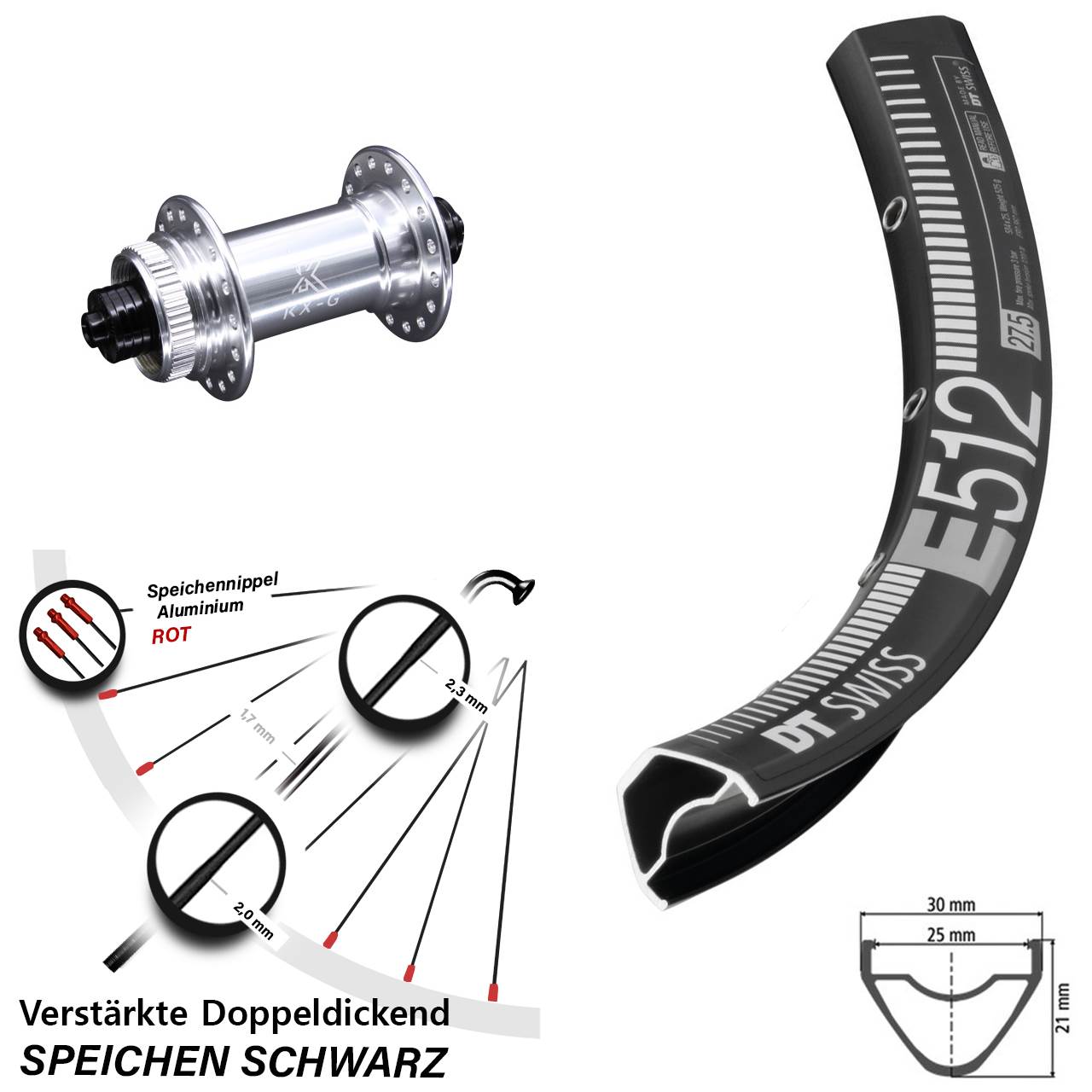 29 Zoll Vorderrad MTB Enduro DT Swiss E 512 KX-G silbern Centerlock Schnellspanner