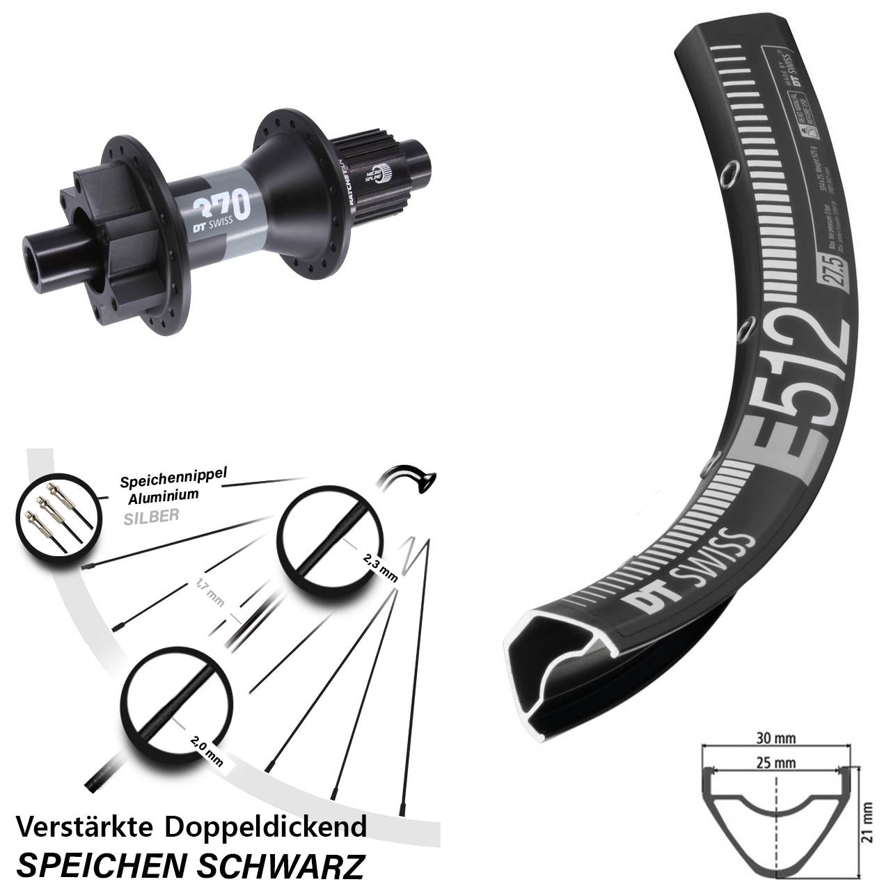 Hinterrad 12x148 Disc 6-Loch 27,5 Zoll DT Swiss E512-370 Shimano Micro Spline