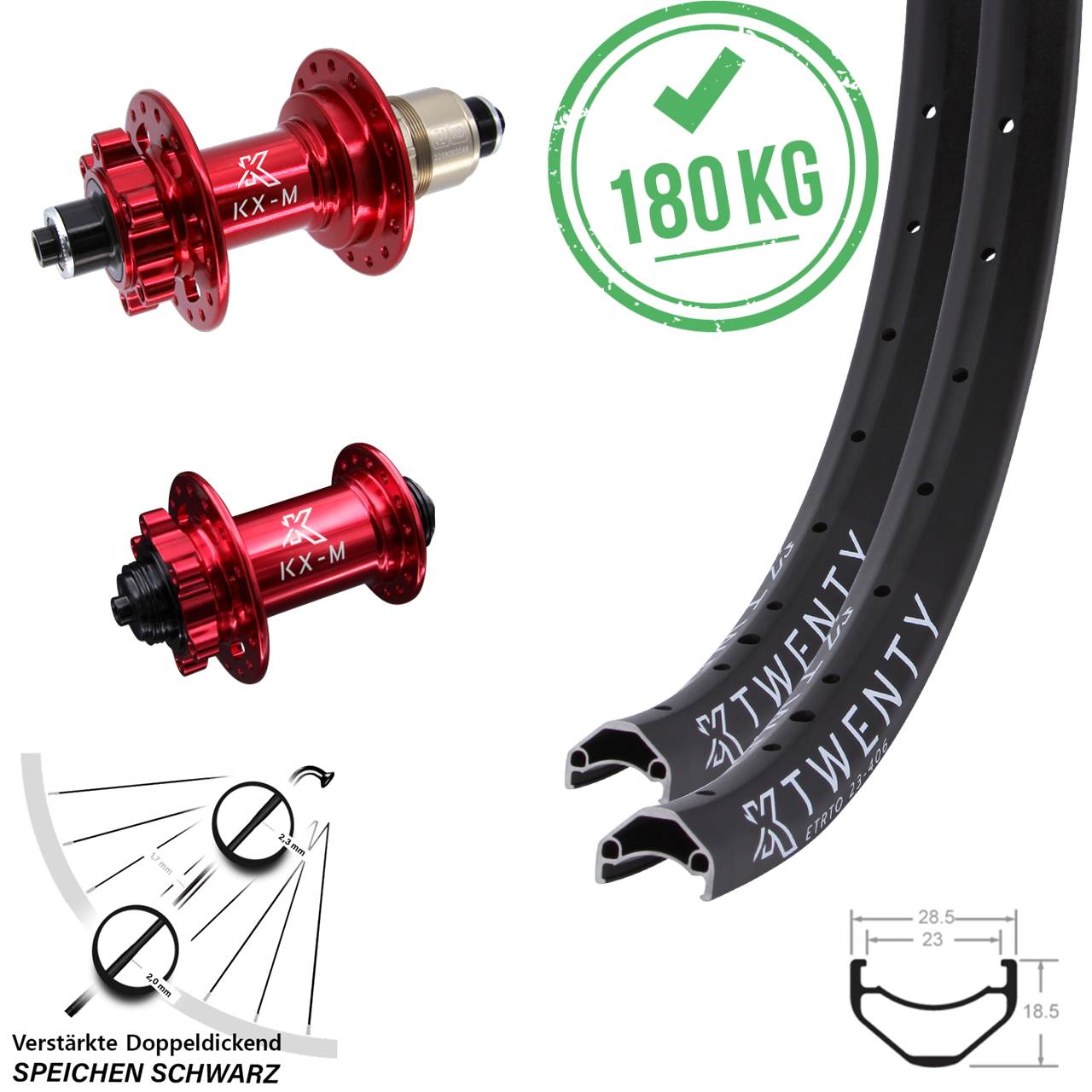 Disc Laufrad-Satz QR 20 Zoll rote Nabe KX-M Twenty XD