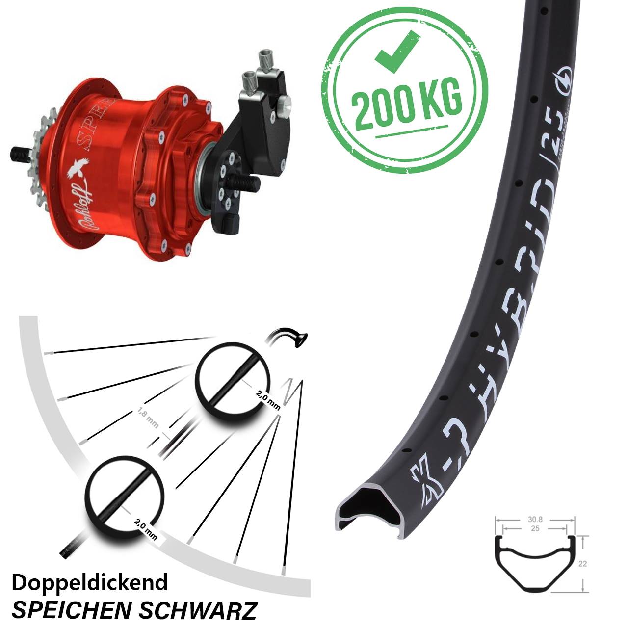 Disc Laufrad 26 Zoll KX-R Hybrid 25 Rohloff Speedhub 500/14 TS DB OEM rot
