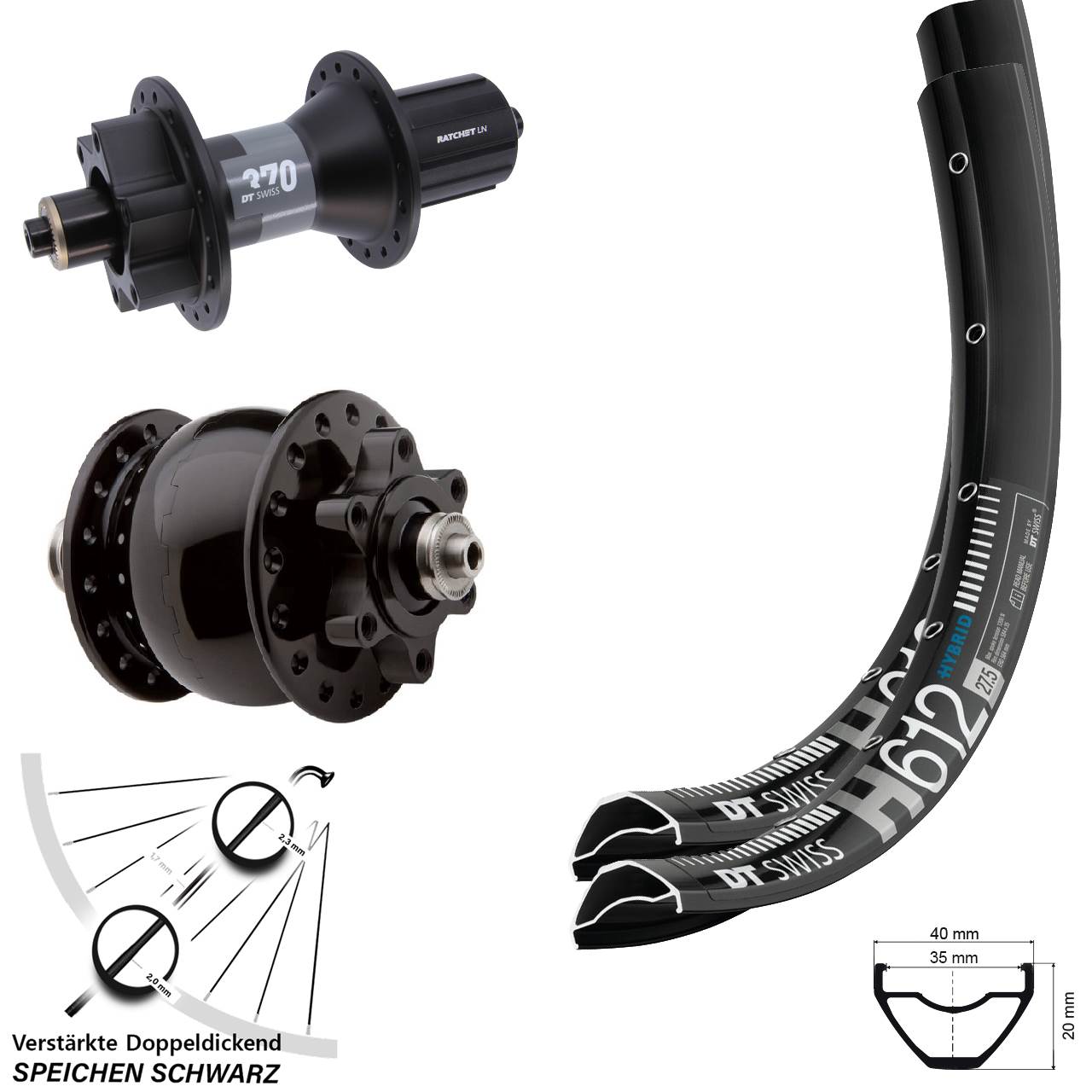6-Loch Laufradsatz für Schnellspanner 27,5 Zoll DT Swiss H612 370 SON 28 8-11 fach