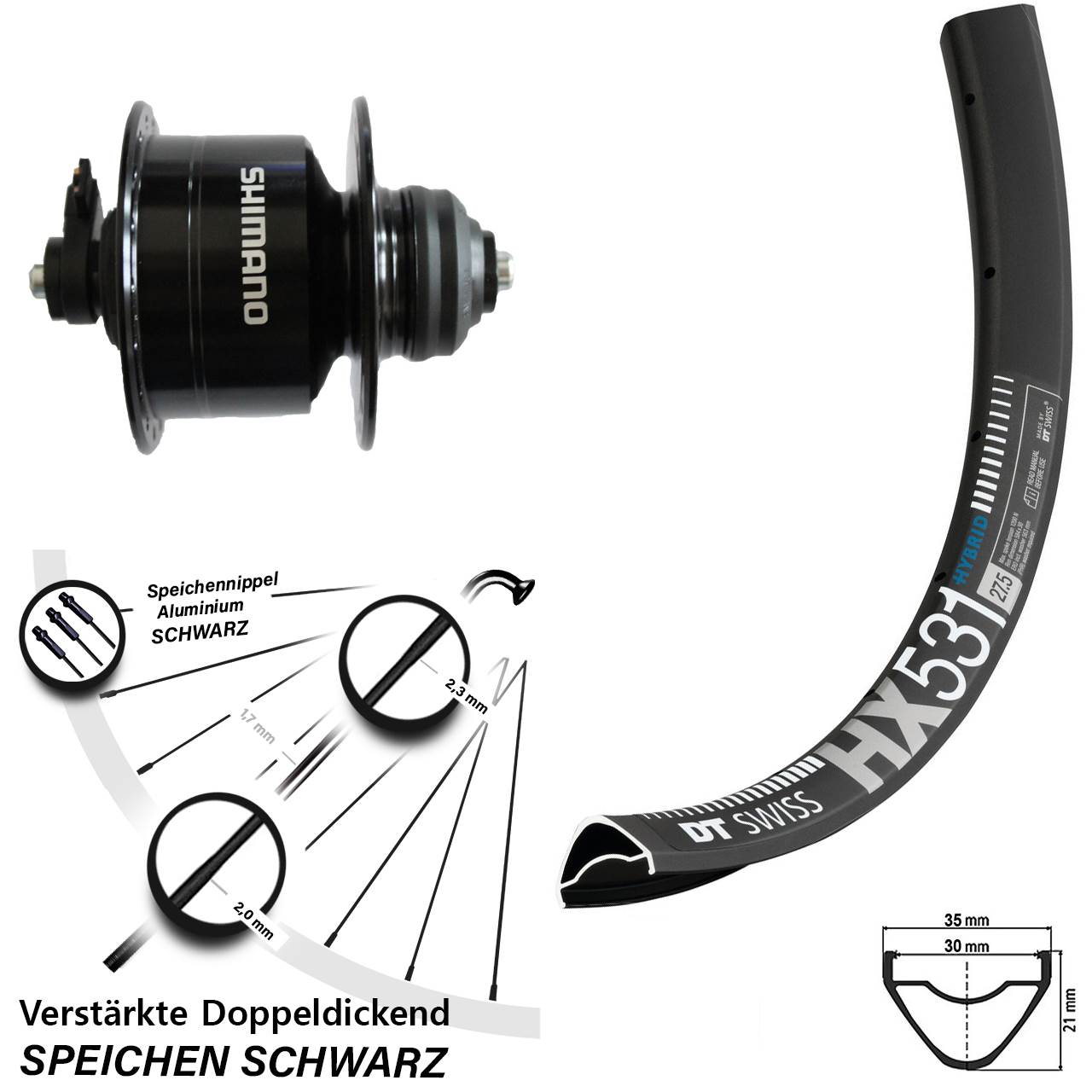 Disc Nabendynamovorderrad 29 Zoll DT Swiss HX 531 Shimano DH-3D72 für Schnellspanner