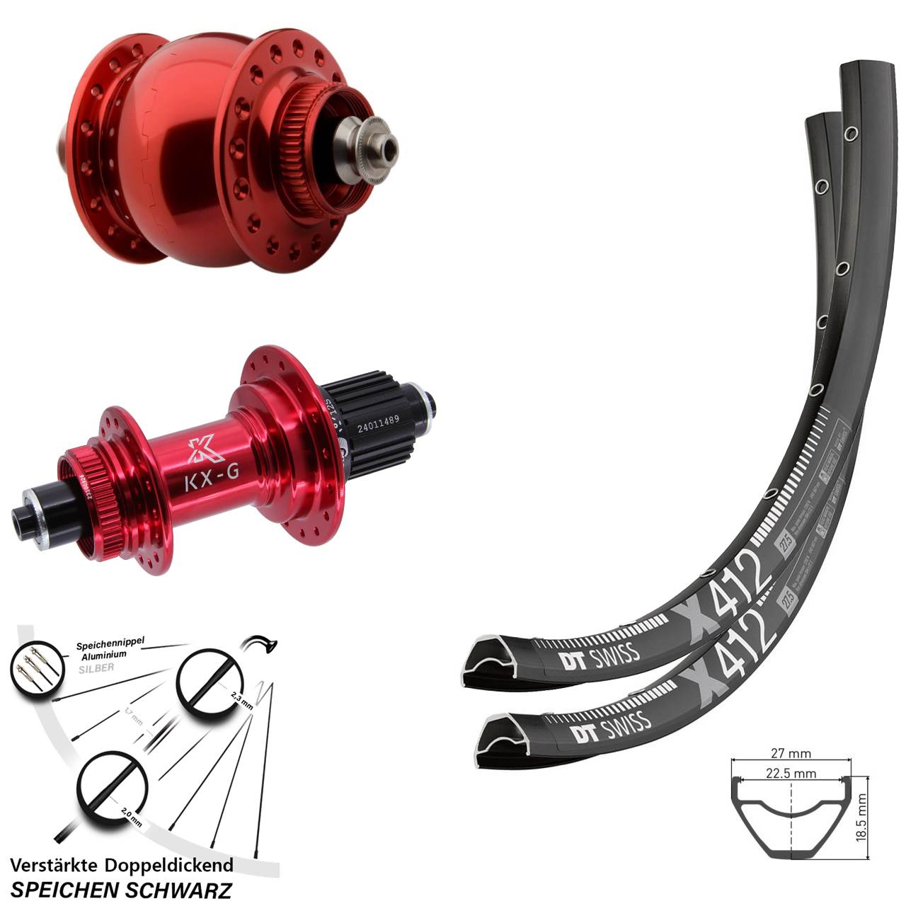 29 Zoll DT Swiss X412 KX-G rot SON delux Centerlock Laufradsatz QR Micro Spline