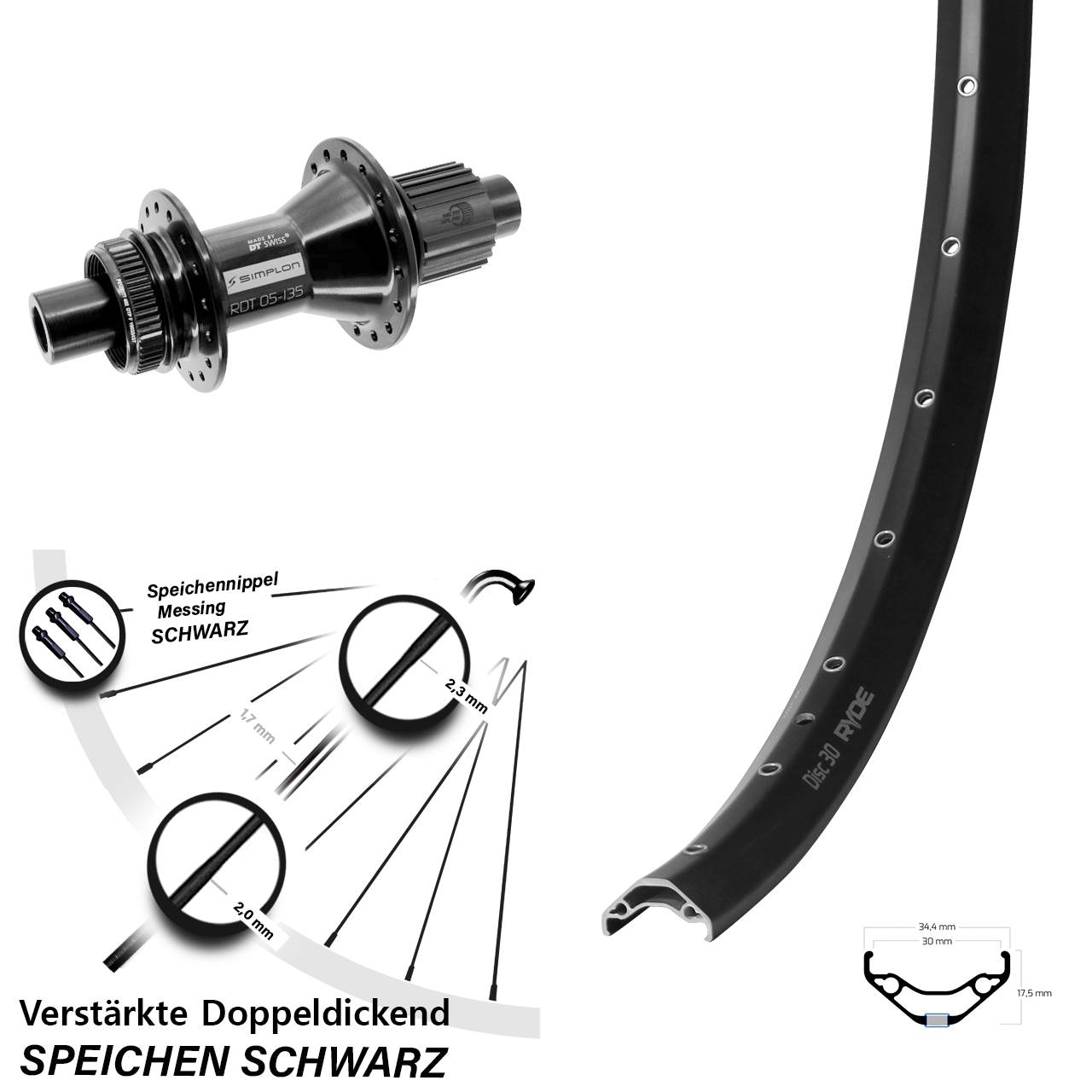 Hinterrad 29 Zoll Ryde Disc 30 DT Swiss 370 Hybrid Shimano Micro Spline 12x142