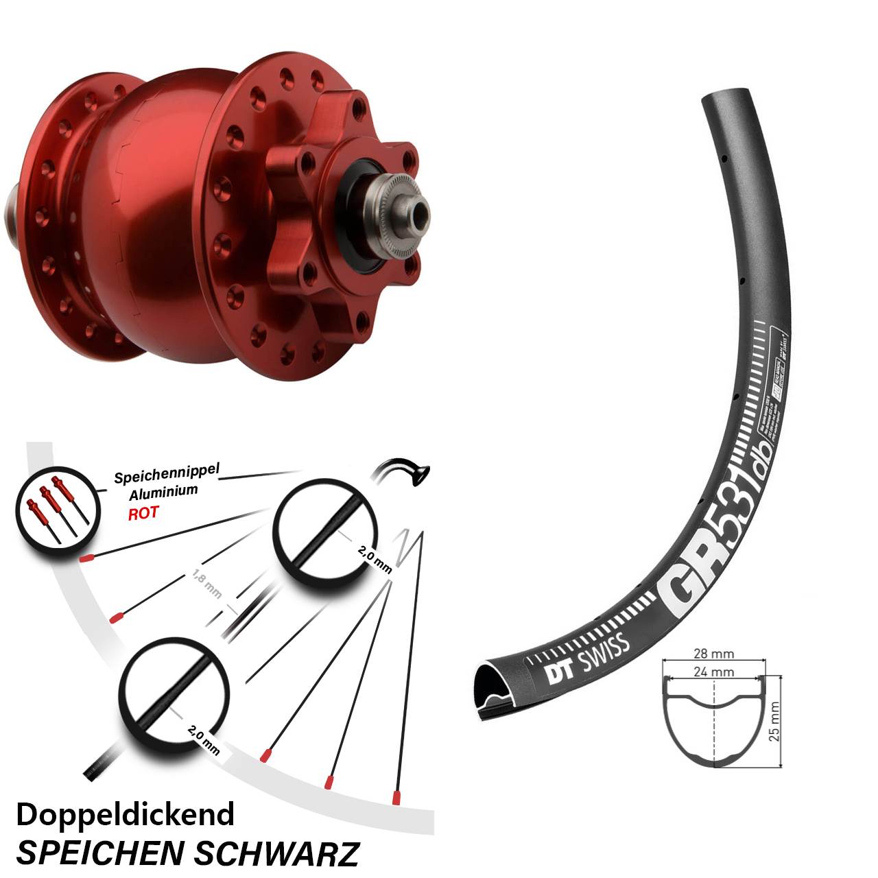 Nabendynamo SON rot eloxiert DT Swiss GR 531 DB Disc Vorderrad 28 Zoll Gravel