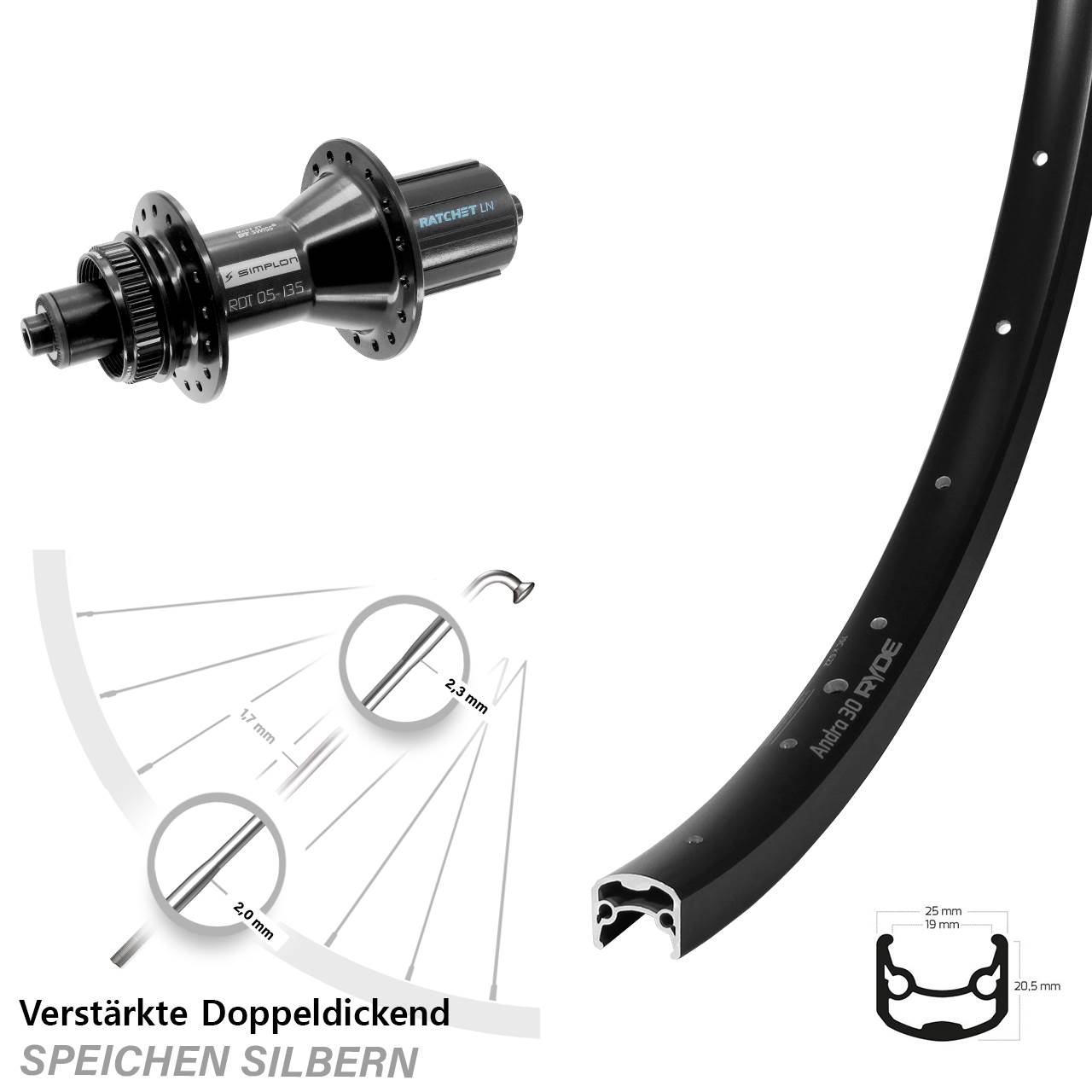 Ryde Andra 30 DT Swiss 370 Hybrid 28 Zoll Disc Hinterrad für Schnellspanner 8-11 fach