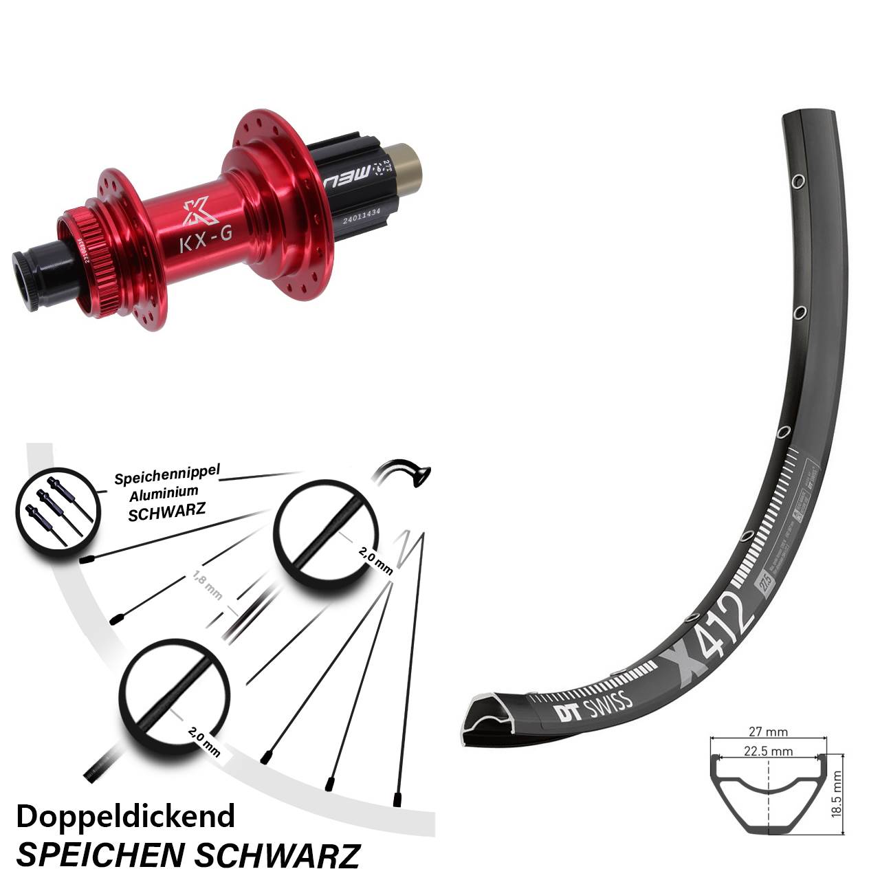 Hinterrad 28 Zoll DT Swiss X 412 KX-G rot N3W 12x142