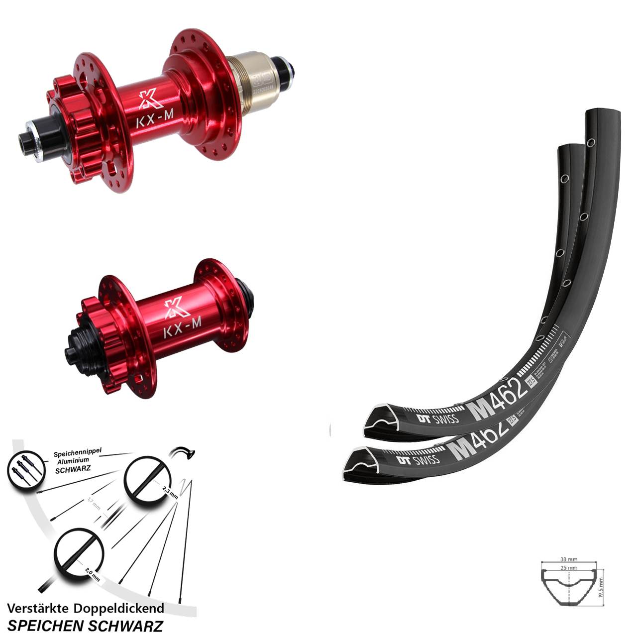 DT Swiss M462 KX-M rot 27,5 Zoll Disc Laufrad-Satz QR XD 11-12 fach
