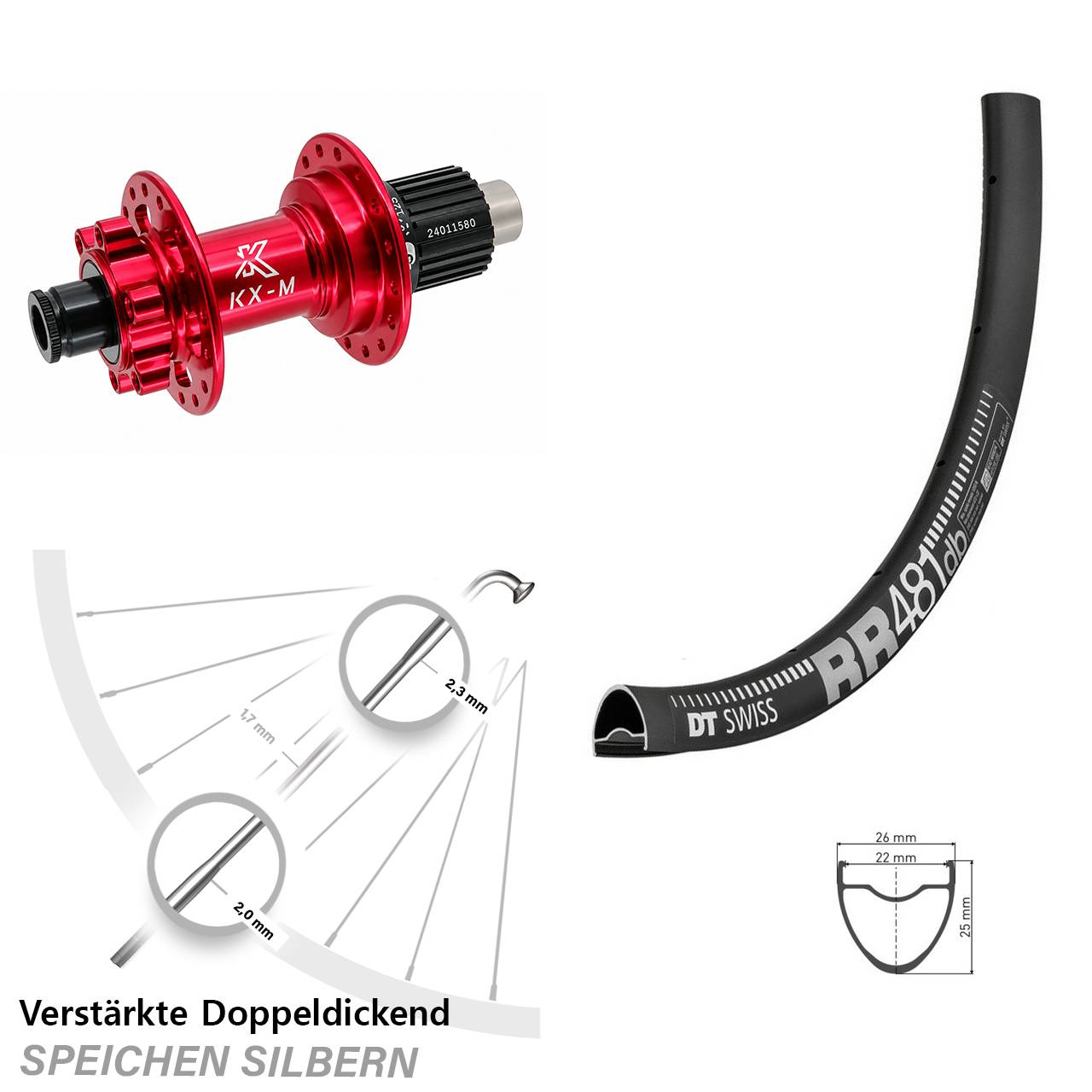 Hinterrad 6-Loch 12x142 28 Zoll DT Swiss RR481 KX-M rot Shimano Micro Spline