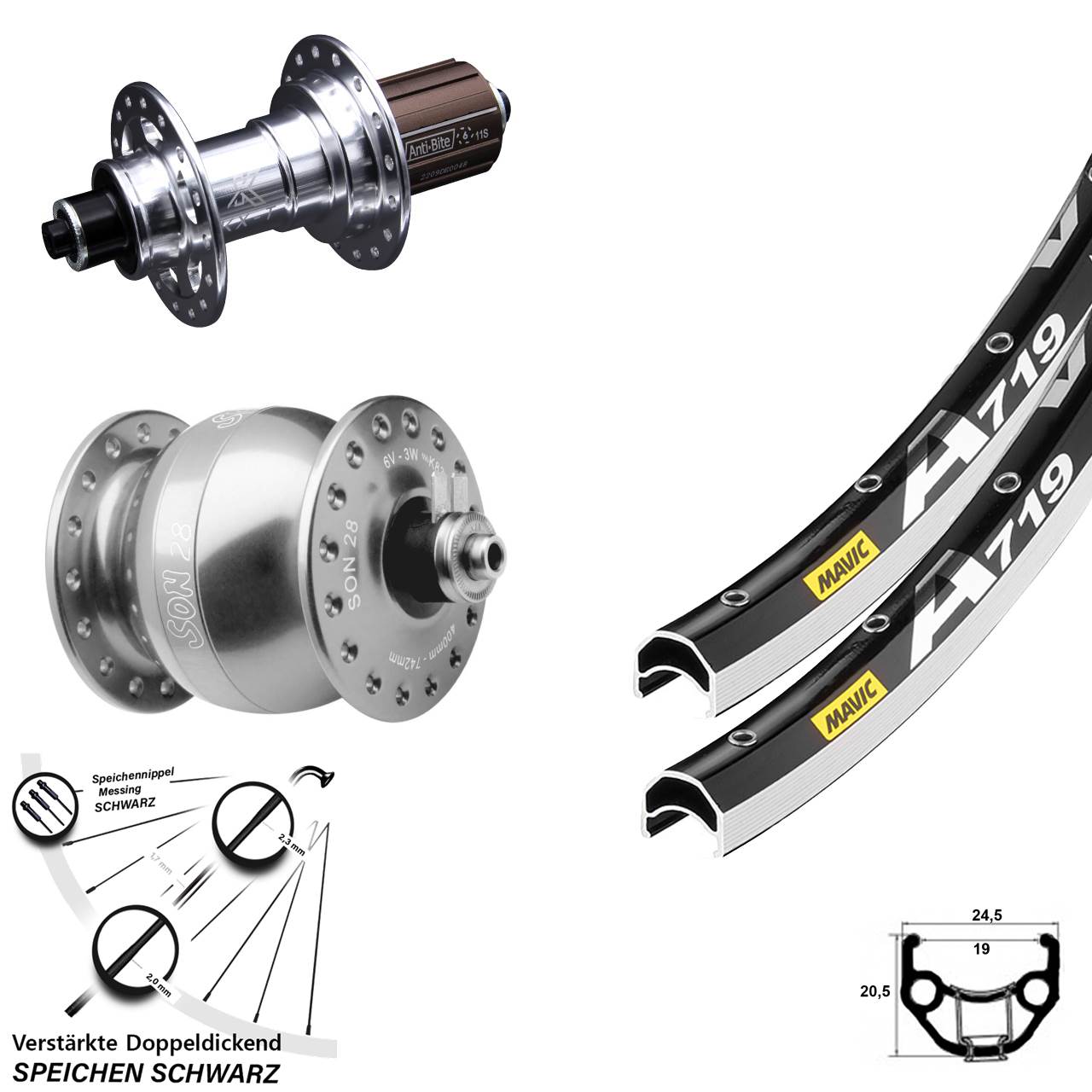 SON 28 Zoll Mavic A 719 KX-T Laufradsatz für Schnellspanner 8-12 fach