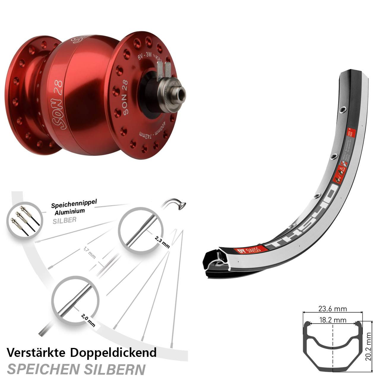 Vorderrad mit Nabendynamo roter SON 28 Zoll DT Swiss TK540 für Schnellspanner