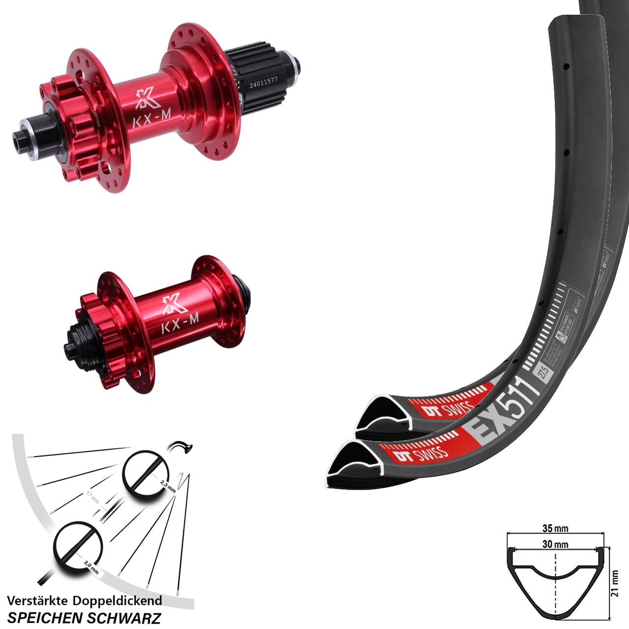 Disc Laufrad-Satz 29 Zoll DT Swiss EX 511 KX-M rot Micro Spline QR