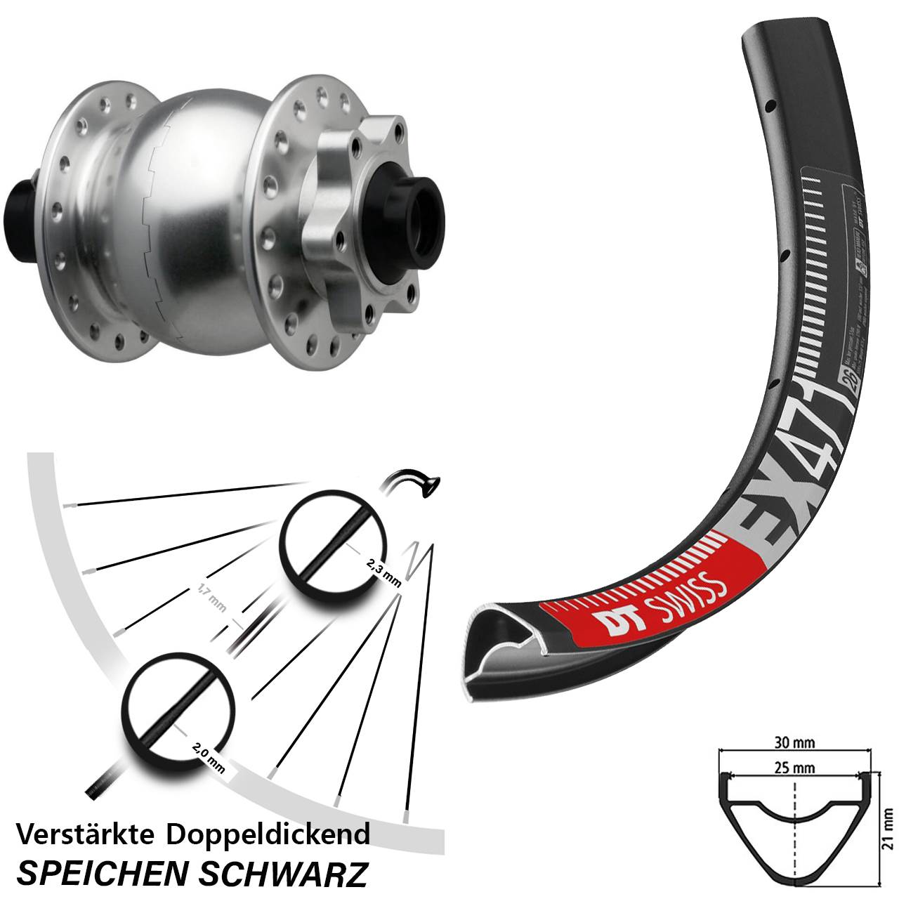 SON 28 silbern DT Swiss EX471 26 Zoll 6-Loch Nabendynamo-Vorderrad 15x110 Boost