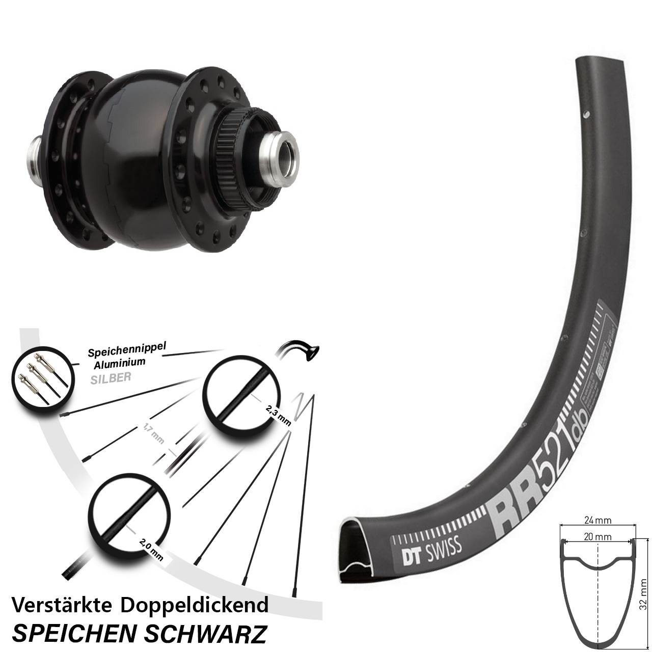 Disc Nabendynamo-Laufrad 28 Zoll DT Swiss RR521 SON delux 12x100