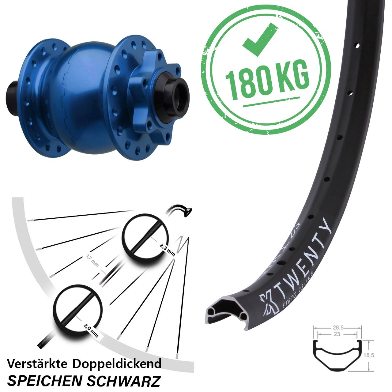 20 Zoll KX Twenty SON 28 blau 6-Loch Nabendynamovorderrad 15x110 Boost