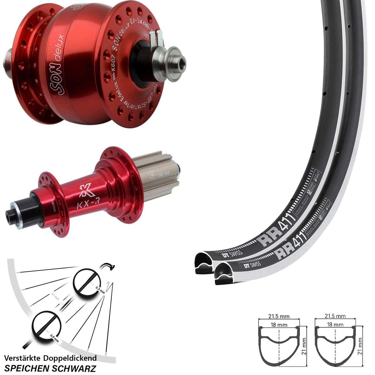 28 Zoll DT Swiss RR411 OS KX-R rot SONdelux Laufradsatz QR Campa 8-12 fach