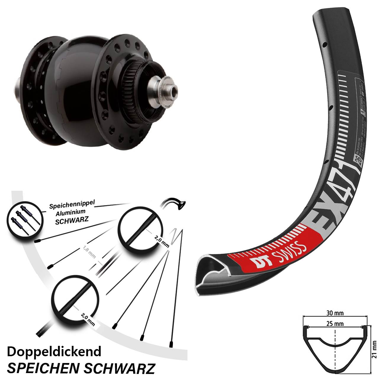 26 Zoll DT Swiss EX471 SONdelux Disc Nabendynamovorderrad für Schnellspanner